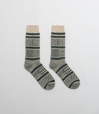 RoToTo Multi Jacquard Socks - Ivory / Dark Green