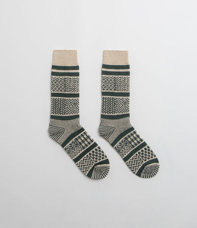 RoToTo Multi Jacquard Socks - Ivory / Dark Green