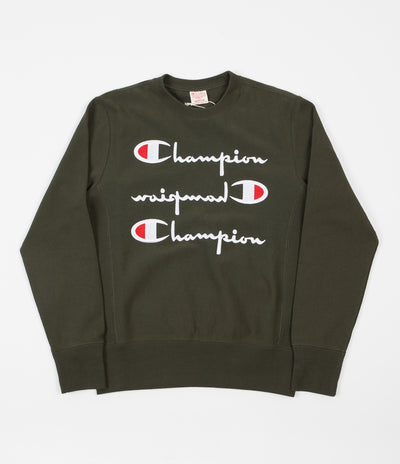 Champion Reverse Weave Triple Script Crewneck Sweatshirt - Olive Green