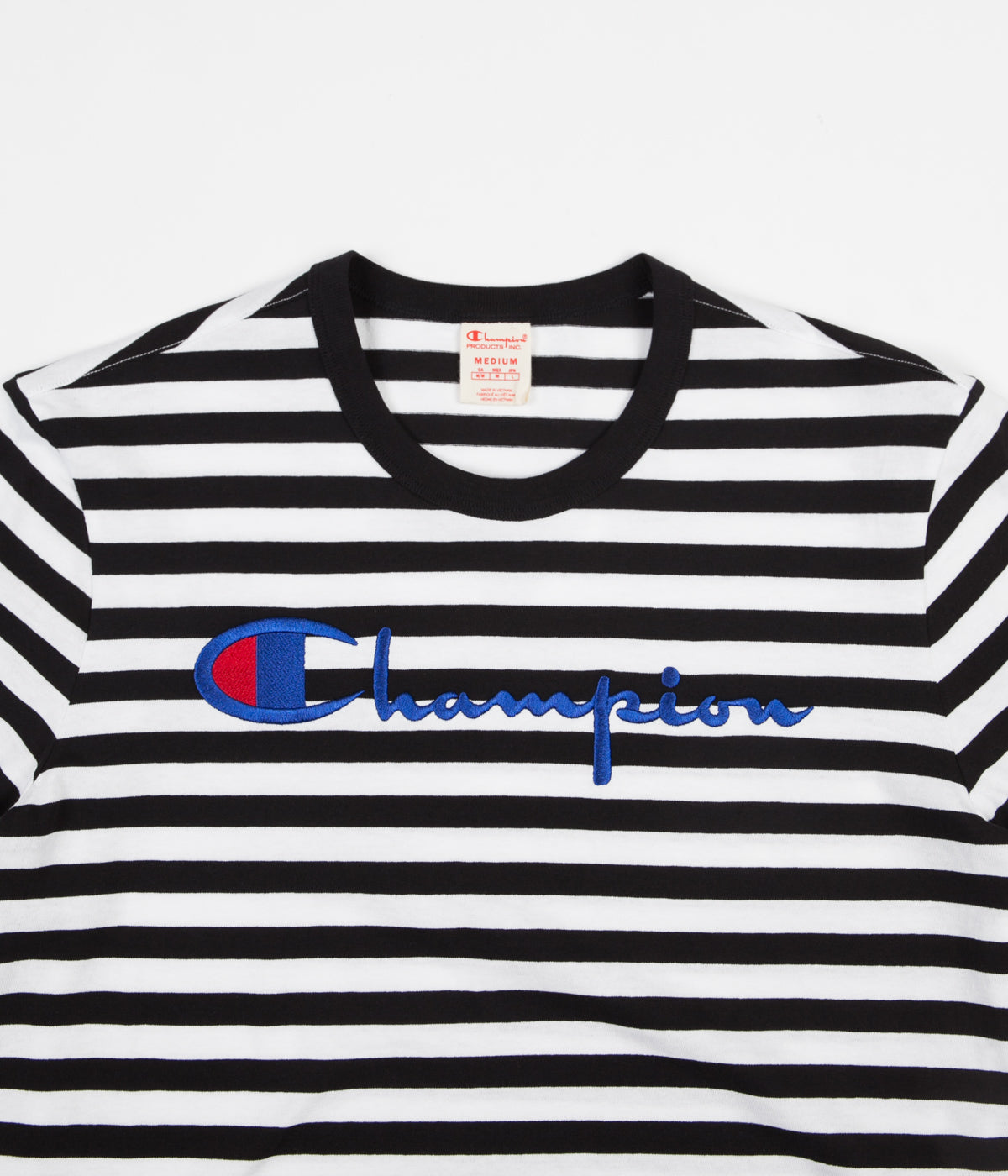 Champion Striped Script Logo T Shirt Black White Flatspot