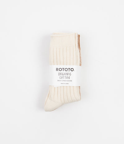 RoToTo Organic Ribbed Crew Socks (3 Pack) - Ecru / Brown